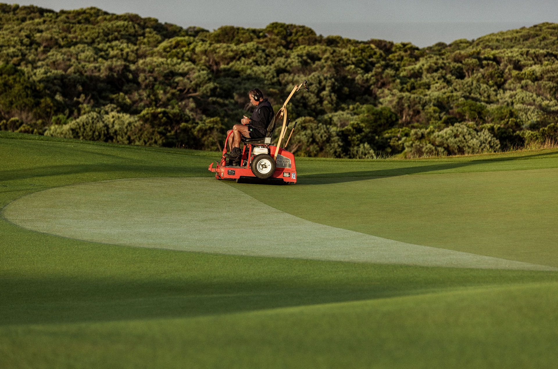 A man in ear muffs rides a red mower across a green, dense coastal scrub behind