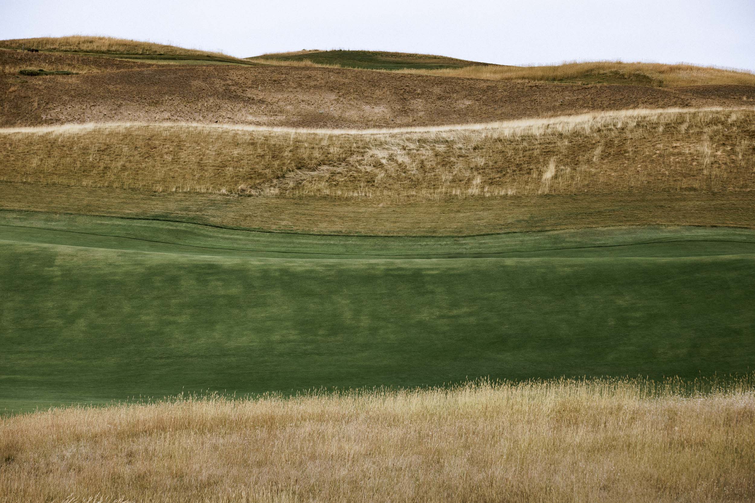 Level green fairway between golden grasses, bare, rolling dunes rising behind under a pale sky
