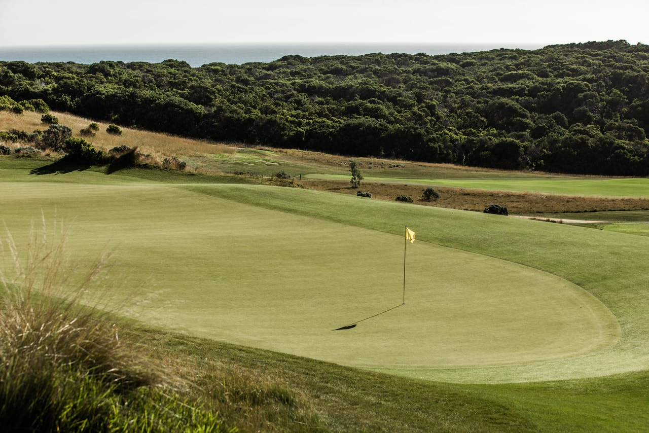 A green and its flag seen past a tussock, fairways and dense coastal scrub beyond, a line of sea on the horizon