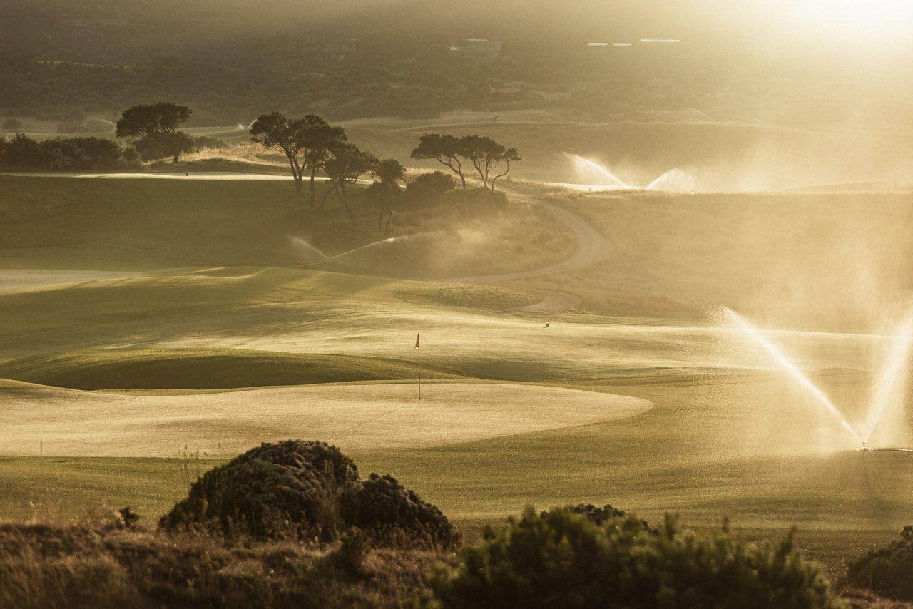 Sprinklers throwing arcs of water across a green in golden, hazy backlight, wind-bent trees behind