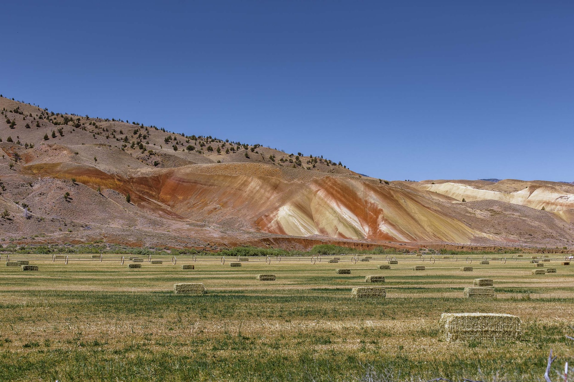 Hay bales scattered across a flat field below a bare hillside streaked red and ochre, under a clear sky